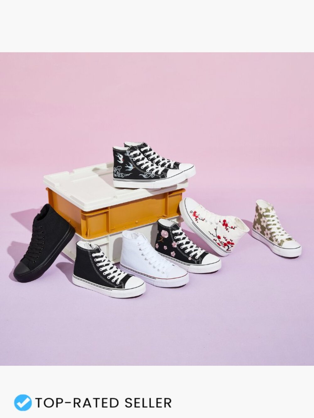 High Top Canvas Sneakers Embroidered Floral Lace Up Casual Walking Comfort Shoes - Picture 7 of 7